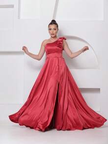 Long Dress For Bridesmaid – One Shoulder With Ruffle And Slit Elegant Simple Elegant Party Satin Side Opening Zipper Pleated Bridesmaid Civil Wedding Debutante Graduate Formal And Evening - 珊瑚粉 - 查看 8