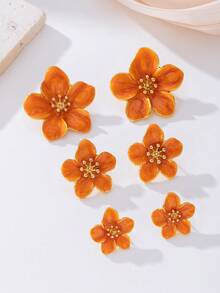 3 Pairs Handmade Orange 5-Petal Flower Stud Earrings, Dopamine Inspired, Suitable For Daily Wear/Vacation - Orange - View 4