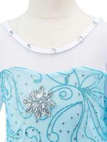 9 件套蓝色花卉网眼长袖女童连衣裙假发配饰服装套装，儿童角色扮演服装，适合万圣节、圣诞节、派对、舞台表演