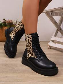 2-2025 Platform Women's Leopard Print Boots, Thick Sole, Short Ankle Boots, Fashionable British Style, Suitable For Autumn/Winter - Black and Brown Leopard Print - View 4