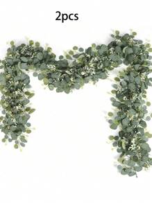 1pc Artificial Eucalyptus Garland With Flowers, White Roses Baby Breath Garland Floral Greenery Garland For Wedding Party Centerpiece Table Runner Backdrop Wall Decor Decoration Gifts Birthday Graduation