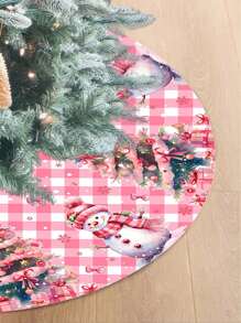 Christmas Tree Skirt, Pink Plaid Background With Warm Snowman Pattern And Christmas Tree Design, Christmas Party Decor Fabric, Christmas Tree Decoration
