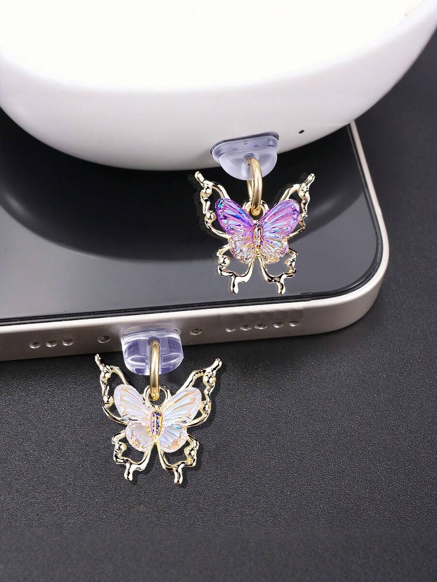 Nút chống bụi kim loại hình bướm chuyển màu, phụ kiện trang trí điện thoại chống bụi thiết kế quyến rũ - Nhiều màu - Xem 1