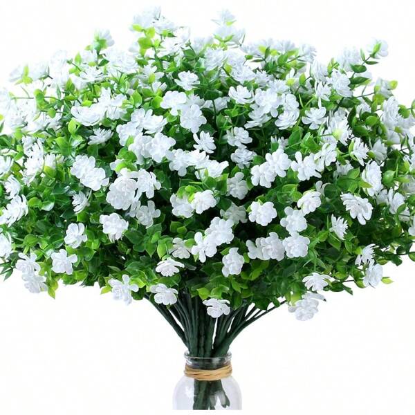 8 Bundles White Artificial Flowers Outdoor Fake Flower Plastic UV Resistant Shrubs Greenery Plants Hanging Decorations Garden Porch Window Box Farmhouse Outside Summer Indoor Decor