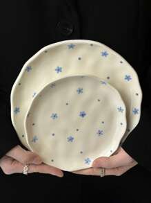 1 pieza Plato de cena de cerámica con estampado floral azul de estilo INS, bandeja de comida esmaltada asimétrica hecha a mano, vajilla del hogar, plato para bistec, pasta, ensalada, postre, fruta, regalo de fiesta para novio/novia