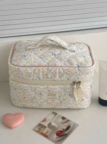 1pc/Set Floral Pattern Corduroy Makeup Bag, Multi-Functional Cosmetic Storage Pouch, Portable Zipper Makeup Organizer For Cosmetics, Skincare, Lipstick, Brushes, Hand Cream, Earphones, Coins, Keys, Small Items, Suitable For Home, Travel, Vacation, School, Makeup Bag, Toiletry Bag, Travel Essential, Cruise Essential, Dorm Essential, Bridesmaid Gift, Mother's Gift, Birthday Gift, Gift For Friends And Teachers - Yellow - View 2