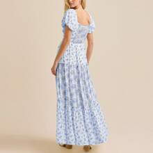 Women Ruffled A-Line Dress Casual Summer Floral Print Sweetheart V-Neck Puff Sleeve Party Dress For Cocktail Streetwear - Blue - View 2