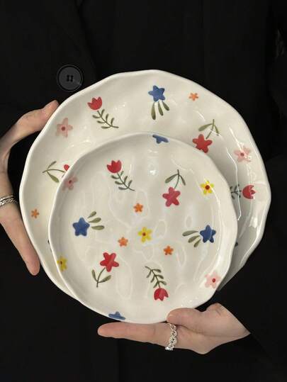 1pc Asymmetrical Ceramic Plate, Hand-Painted Floral Plate, Bread/Dessert/Dinner/Salad/Steak/Pasta/Cake Plate, INS Style