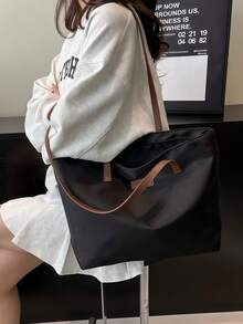 女士笔记本电脑商务办公包，电脑单肩包女士手提包休闲包，大容量拉链钱包托特包女士单肩斜挎包购物旅行工作包，纯色简约大容量单肩托特包，字母图案装饰设计托特包，女生包包，商务通勤包，尼龙防水包，适合购物、上班通勤、节日、聚会和外出游玩。 - 黑色 - 查看 5