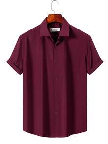 Rand paul Men's Casual Social Short Sleeve Plain Shirt With Pocket In Slightly Stretch Polyester - 酒紅色 - 查看 1