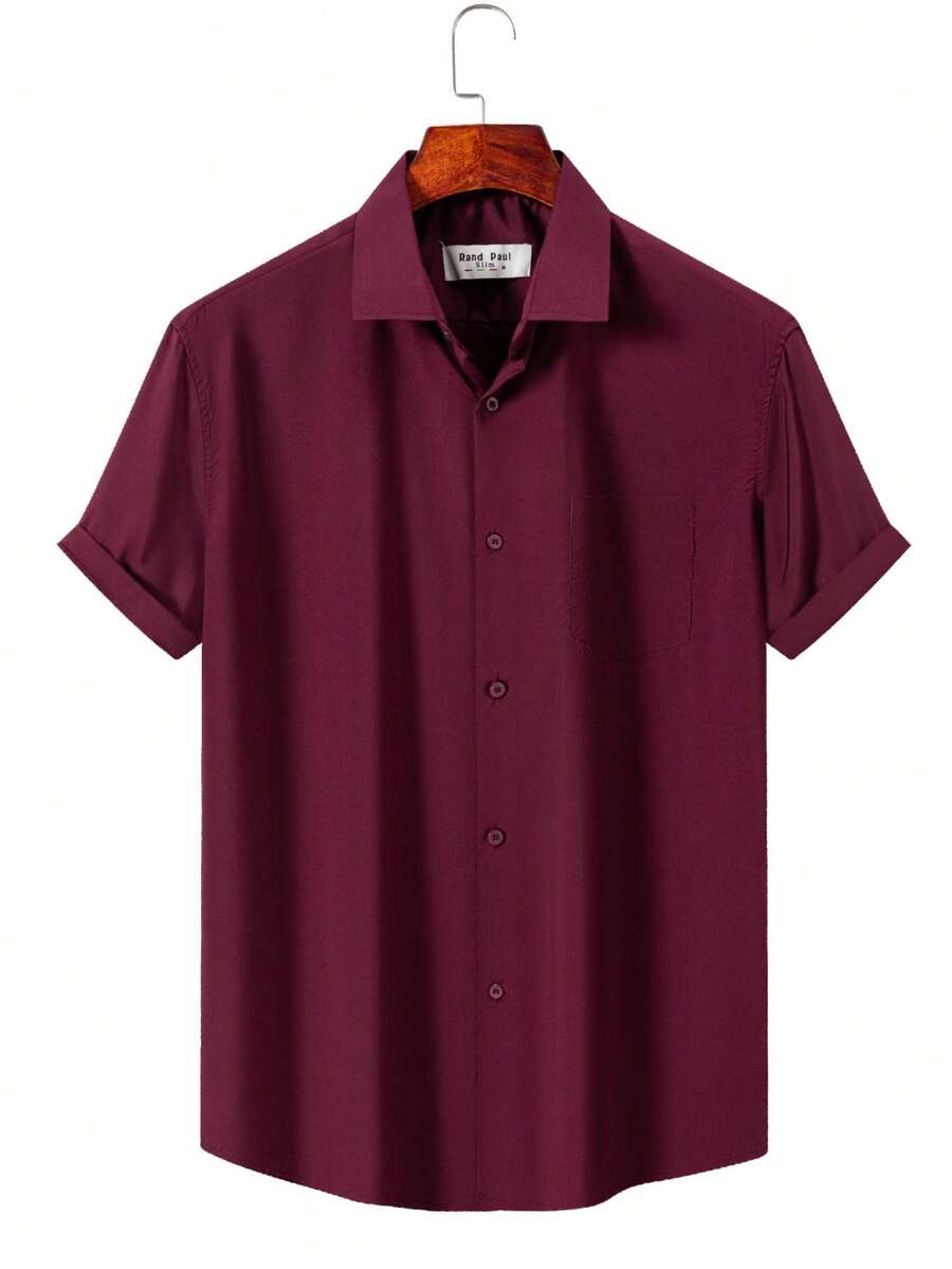 Rand paul Men's Casual Social Short Sleeve Plain Shirt With Pocket In Slightly Stretch Polyester - 酒紅色 - 查看 1
