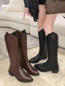 1双女士尖头粗跟厚底高筒靴，橡胶防滑鞋底，后拉链设计，时尚百搭高筒靴，棕色优雅秋冬过膝靴，户外靴 - 棕色 - 查看 3