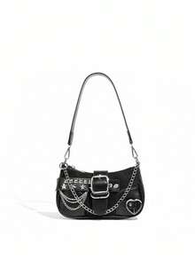 1pc Women's Colorblock Hot Girl Style Thin Daily Zipper Bag, Suitable For Party And Holiday, Large Capacity Fashionable Versatile Chain Bag - Black - View 8