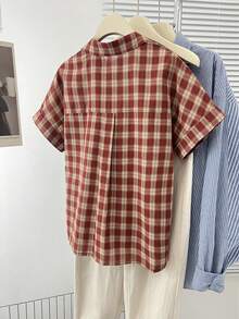 Women's Plaid Single-Breasted Short Sleeve Pocket Casual Shirt