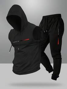 GRDR 男士连帽背心和抽绳裤休闲套装 - 黑色 - 查看 3