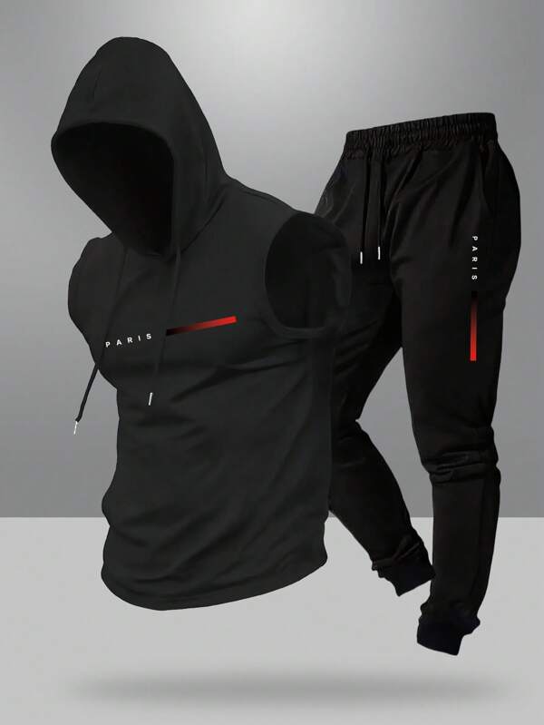Conjunto casual de chaleco con capucha y pantalones con cordón para hombre