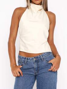 Women's Halter Neck Sleeveless Crop Top Solid Color High Neck Backless Satin Slim Fit Tank Top Y2K Going Out Shirts