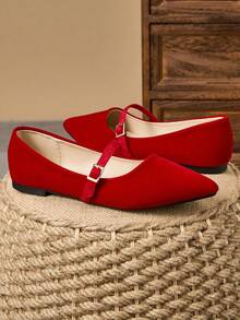 Pair Of Women's Flat Shoes, Pointed Soft Leather Work Shoes, Versatile Shoes, Bean Shoes, Women's Pointed Shallow Mouth Soft Sole, Fairy Style Flat Heel, Shallow Mouth Commuting Single Shoes - 紅色 - 查看 3