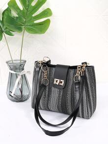 Fashionable Striped Handbag - Women's Large Capacity Shoulder Bag - Daily Use Lockable Tote Bag With Metal Chain - White - View 1