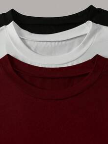 3pcs  set pack conjunto camiseta casual de mujer de unicolor, cuello redondo, manga corta, versátil - Burdeos - Ver 5