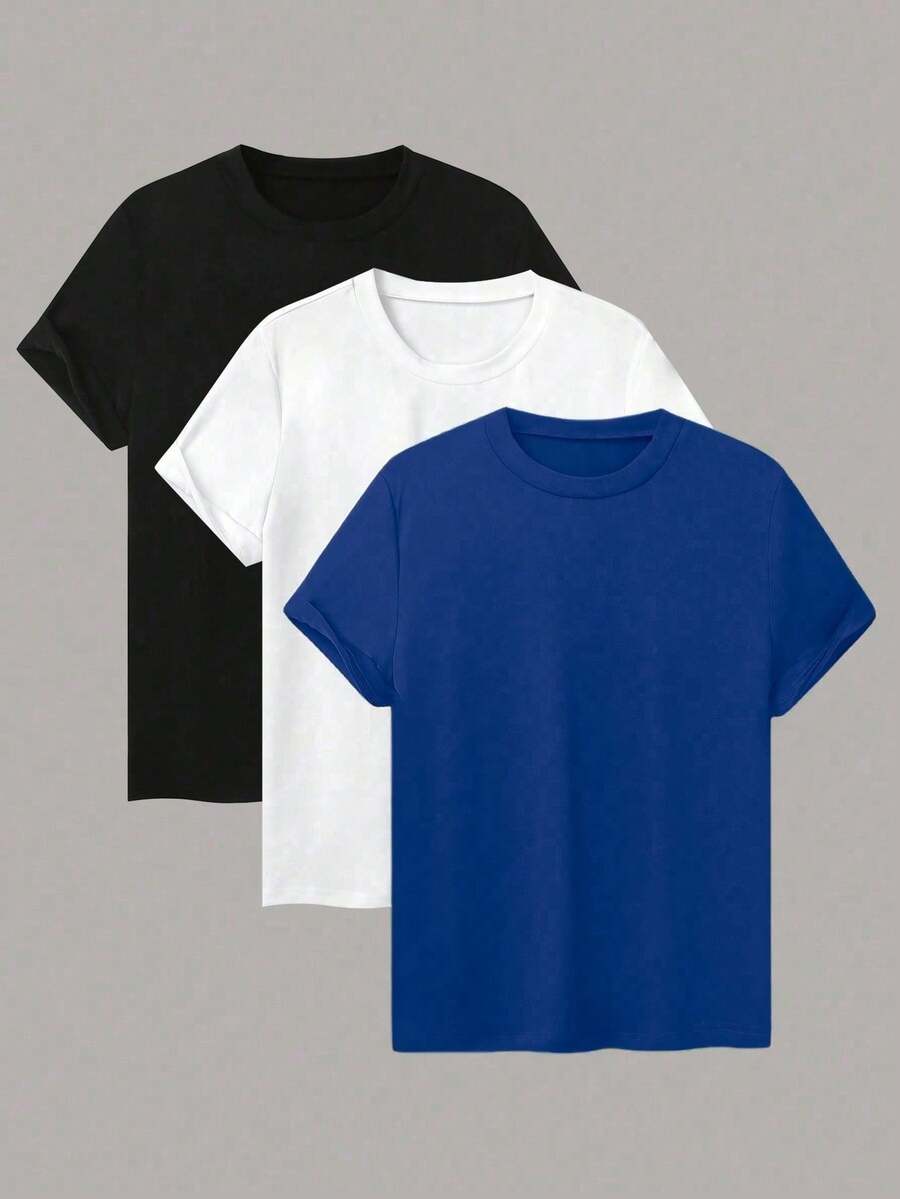 3pcs  set pack conjunto camiseta casual de mujer de unicolor, cuello redondo, manga corta, versátil - Azul - Ver 1