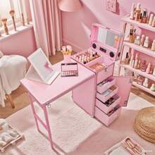Rolling Foldable Makeup Table, 5 Drawers With Large Space, Multi-Function, Retractable Nail Table, Foldable Cosmetic Box For Technician Workstation, Mobile Makeup Artist Trolley, Pink - 粉色 - 查看 2