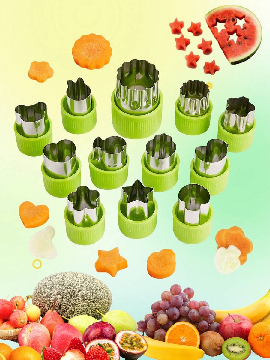 6pcs/8pcs/10pcs Stainless Steel Fruit And Vegetable Embossing Molds, Fruit And Vegetable Cutting Seal Sets, Noodle Embossing Tools, Heart-Shaped, Star Shaped, Flower Shaped, Rabbit Shaped, Bear Shaped, Strawberry Shaped, Mushroom Shaped, Small Fish Shaped, Duck Shaped Cutting Molds, Mini Cutters, Seal Molds, Suitable For Making Fruit Platters, Lunch Boxes - Green - View 1