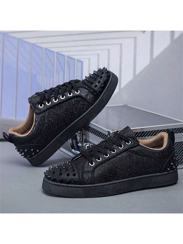 Men's Sneakers With Metal Punk Rivet Decor On Heel And Toe, Low-Top Skate Shoes In Niche Classic Black & White Colorblock, Premium Synthetic Leather, Lightweight, Non-Slip, Breathable Soft Sole, Versatile For Casual, Sports, Running, Stage, Party, All Seasons
