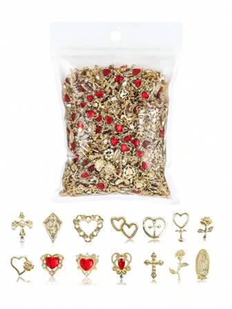 70 piezas Juego de joyería para uñas dorada, con incrustaciones de strass y gemas en forma de rosa, corazón, cruz, Virgen María - Decoraciones de arte de uñas 3D brillantes estilo Y2K, accesorios y suministros para uñas