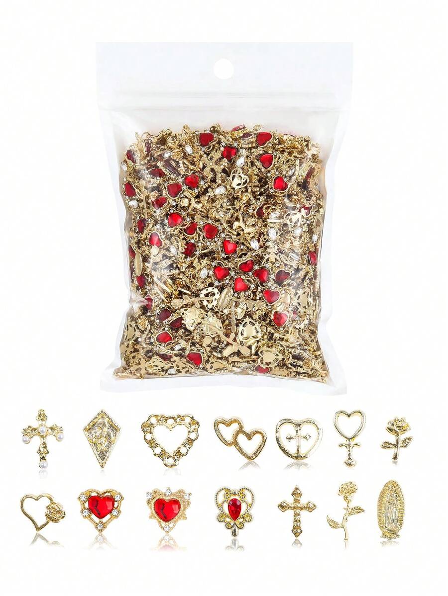 Bộ trang sức móng tay vàng 70 món, đính đá và đá quý, hoa hồng, trái tim, thánh giá, Đức Mẹ Đồng Trinh - Phụ kiện trang trí móng tay bằng hạt sáng bóng 3D Y2K, đồ dùng làm móng, móng tay, mặt dây chuyền, đá quý - Vàng - Xem 1