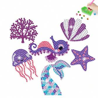 Set van 6 stuks diamantschilderijen met oceaanleven, DIY cartoon diamantstickers, kristallen strass-stickers, diamantschilderijset