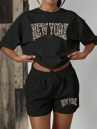 2pcs Women Casual Outfit, Leopard Print & NYC Letter Graphic Short Sleeve T-Shirt And Shorts Set, Women Spring/Summer New Arrival, Suitable For Vacation, Commute, Party, Holiday, Graduation, Mother's Day Black
