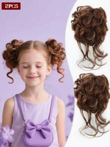 2 PIEZAS Pieza de cabello ondulado rizado sintético para moño de niños, extensiones de cabello corto, adecuado para que los niños usen pelucas, rosquillas, moños de cabello, accesorios para el cabello de niñas y diademas