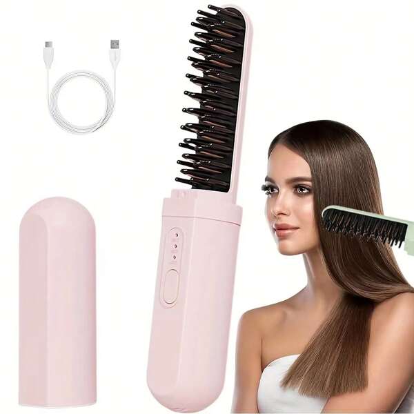 RAF 1 Alisador y rizador portátil de doble uso, peine eléctrico recargable por USB con iones, anti-quemaduras, adecuado para viajar, regalo ideal para mujeres. Peine caliente eléctrico multifuncional de 2200mAh para alisar el cabello con iones negativos y función anti-quemaduras