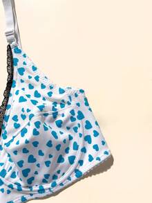 3 pièces Soutien-gorge pour femmes de grande taille avec décoration en nœud, imprimé cœur, armatures, bretelles réglables et garniture en dentelle - Multicolore - Voir 9