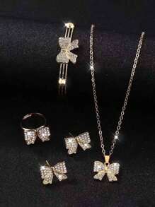 5 件套金色水晶蝴蝶装饰时尚、百搭、休闲首饰套装，适合少女 - 金色 - 查看 2