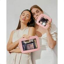 Clear Makeup Bag Small Makeup Bag TSA Approved Toiletry Bag Cosmetic Travel Bag Cute Makeup Bag Organizer Makeup Case Pouch Car Essentials For Women Men - 迷你+大粉紅色 - 查看 2