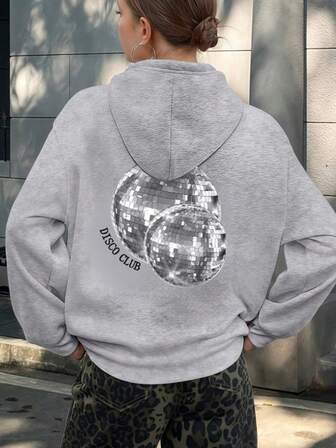 Disco Element, Women's Hundred Light Gray Drawstring Hoodie Loose Fit Casual Street Sports Style Women's Autumn And Winter New Curve Oversize Sweatshirt Sweatshirt