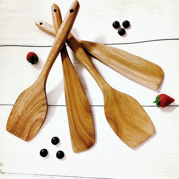 1 Piece Salad Spoon, Wooden Long Handle, Jam Spreader, Mixing And Baking Tool, Woodgrain Pattern, Kitchen Use