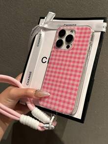Cute Pink Plaid Pattern Phone Case, Compatible With IPhone 17 Air 15 16 17 Pro Max 14 13 Pro 12 11 Plus, With Hand Strap & Lanyard, Soft Jelly Material, Gift Packaging - Pink Plaid - View 3