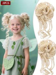 2 PIEZAS Pieza de cabello ondulado rizado sintético para moño de niños, extensiones de cabello corto, adecuado para que los niños usen pelucas, rosquillas, moños de cabello, accesorios para el cabello de niñas y diademas