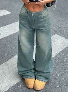 女式宽松直筒复古风男友风牛仔裤 - 淺色水洗藍 - 查看 5