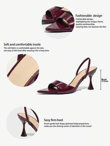 صنادل نسائية ذات كعب عالي، موضة كعب عالي راقية للحفلات والخارج، كعب إبزيم، مادة نسيج لامعة، جذاب وأنيق، لون بوردو، مناسب للربيع والصيف