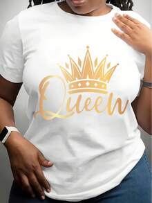 Crown & Queen Letter Print Casual T-Shirt, Round Neck Short Sleeves Stretchy Sports Tee, Women's Comfy Tops - 白色 - 查看 1