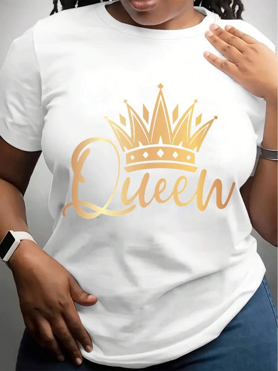 Crown & Queen Letter Print Casual T-Shirt, Round Neck Short Sleeves Stretchy Sports Tee, Women's Comfy Tops - 白色 - 查看 1