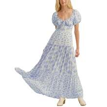 Women Ruffled A-Line Dress Casual Summer Floral Print Sweetheart V-Neck Puff Sleeve Party Dress For Cocktail Streetwear - Blue - View 5