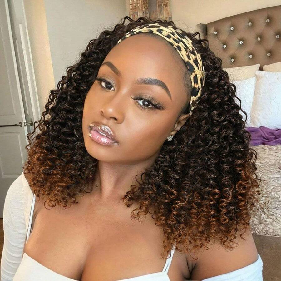 M16 Inch Kinky Curly Headband Wig For  Gluel Synthetic Half Wig With Headband None Human Hair Ombre Brown 8001 - OmbreBrown - View 1