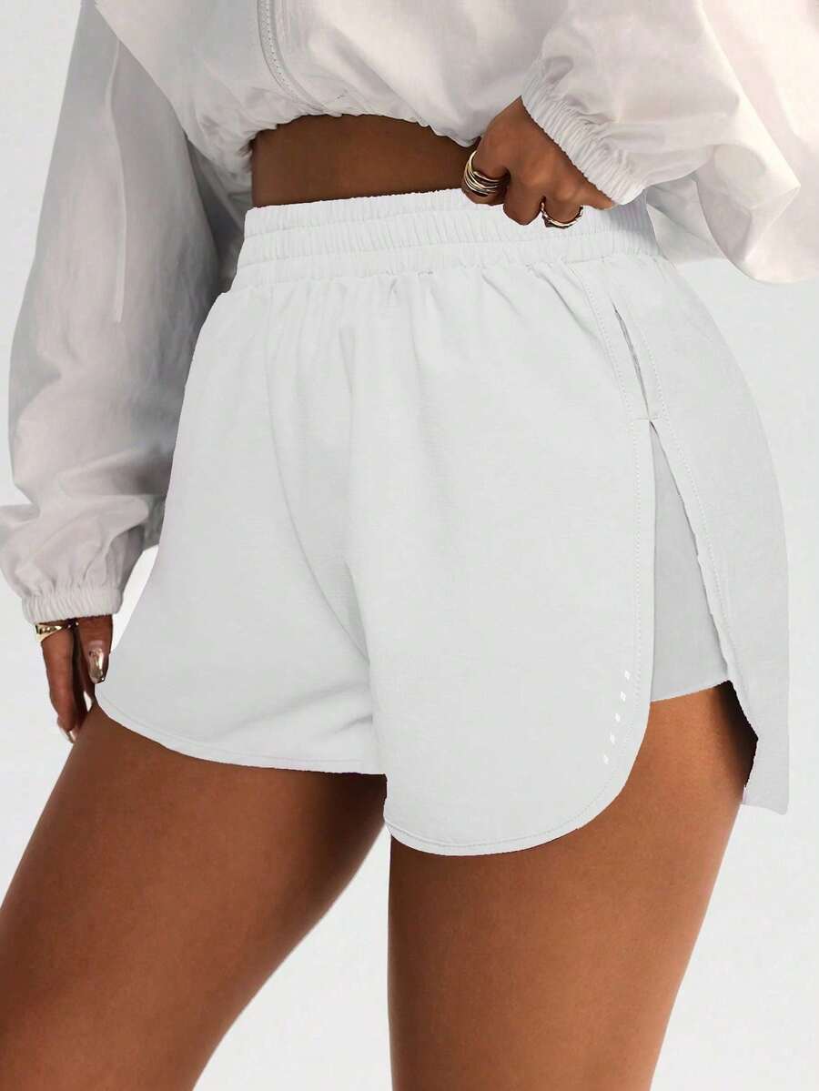 FWH Quần short tập luyện cạp cao ôm sát, xẻ tà bên hông, co giãn 4 chiều cho chuyển động linh hoạt, lý tưởng cho yoga và dạo phố, quần short thể thao tôn dáng, quần short tập luyện thiết yếu màu trắng mùa hè - trắng - Xem 1