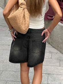 水洗牛仔短裤 Y2K 街头复古斜口袋猫须阔腿百慕大牛仔裤日常休闲舒适夏季度假短裤女款 - 黑色 - 查看 2