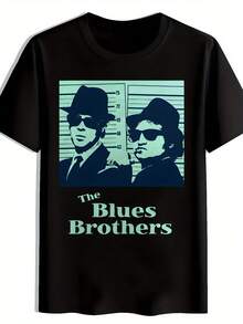 Men's--Shirt With Blues Brothers Graphic Print - Short Sleeve, Black With Blue Character Design. Lightweight Polyester Shirt With A Round Neckline For Summer. Vacation. Beach; Gifts. Blues Music Shirt. Vacation Clothing. Music-Themed Apparel. Machine Washable Top - 黑色 - 查看 6